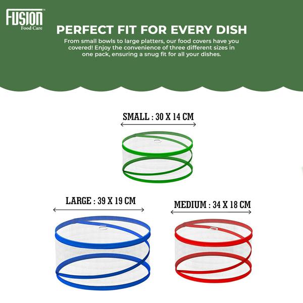 Fusion Food Care Collapsible Pop Up Food Covers 3 Pack Fine Mesh Food Tent Protectors for Kitchen, BBQs, Picnics, Camping & Outdoor Dining