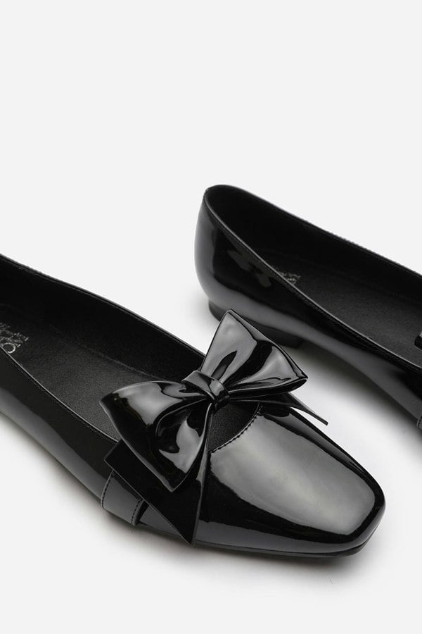 Where's That From Jessica Pointed Toe Ballet Flats With Bow Detail In Black Patent Finish
