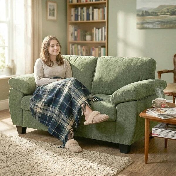 2 Seater Sofa, 156cm Chenille Loveseat Sofa, Dark Green - Green