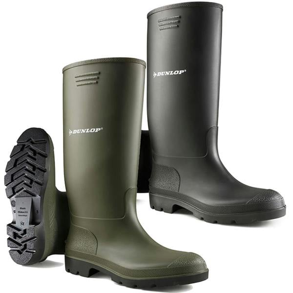 Dunlop Pricemaster Mens/Womens Waterproof Wellington Wellies, pair of durable rubber waterproof boots in green and black with slip-resistant soles.
