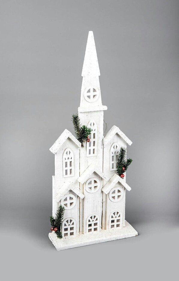 Shatchi 58cm Wooden Church House with Warm White LED Lights, Snow Covered Cottage Style Indoor Decoration