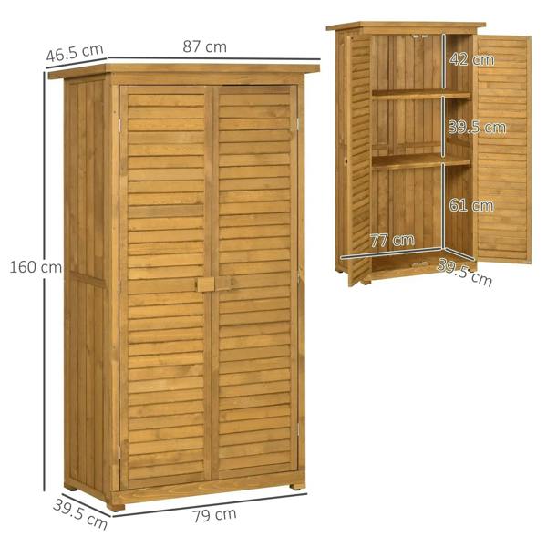 Wooden storage shed front view with shutter doors and side profile, light wood