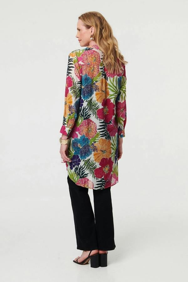Pink | Floral Longline Long Sleeve Tunic Shirt