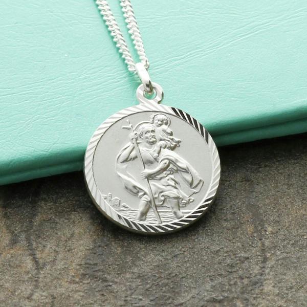Christopher James of London 9ct White Gold Diamond Cut 18mm St Christopher Pendant With Optional Engraving and Chain