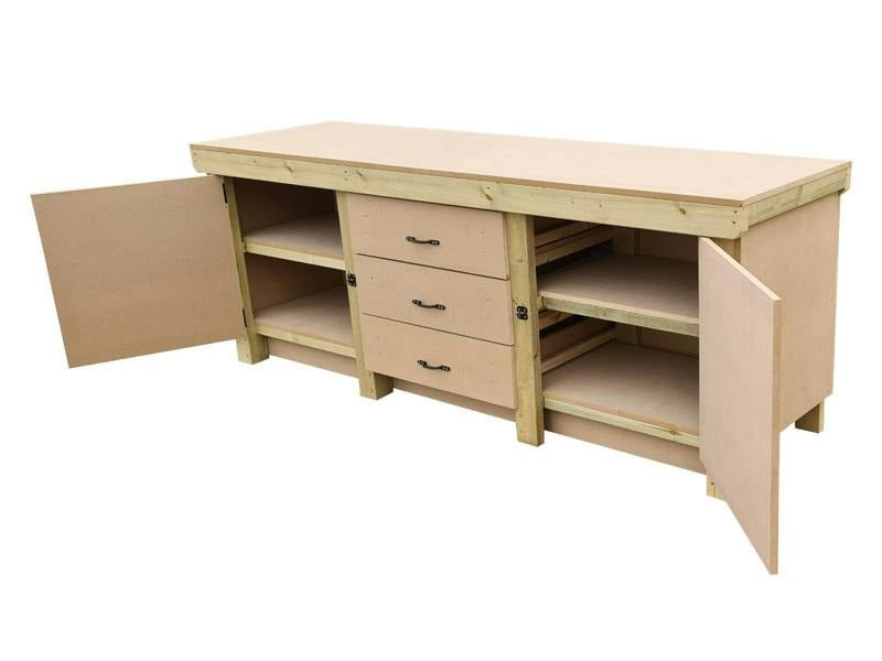 Arbor Garden Solutions Wooden work bench with drawers and double lockable cupboard (V.8) with double shelf