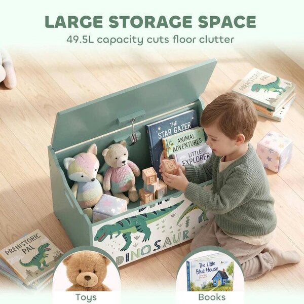 Storage Chest, Wooden Toy Chest with Lid, Flip-Top, Security Hinges and Anti-Pinch Design for Kids, Green