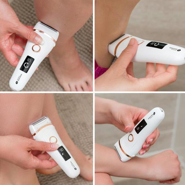 A collage of four photos shows a person using the Rio GO SMOOTH Wet and Dry Lady Shaver with a digital display on their legs and armpit, seamlessly fitting into daily routines for visibly smooth skin.