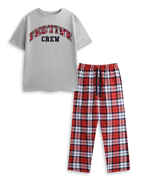 Show Me The Merch Unisex Kids Grey Festive Crew Short Sleeve Long Leg Pyjama Set