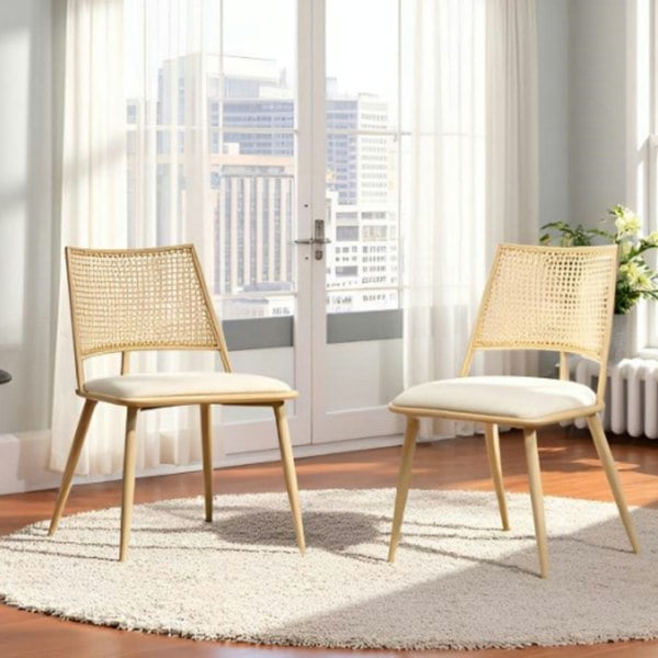 Furniture One Dining Chairs Set of 2, Mid-Century Kitchen Chair-Rattan Backrest and Metal Frame, Upholstered Dining Chair with Living Room, Bedroom