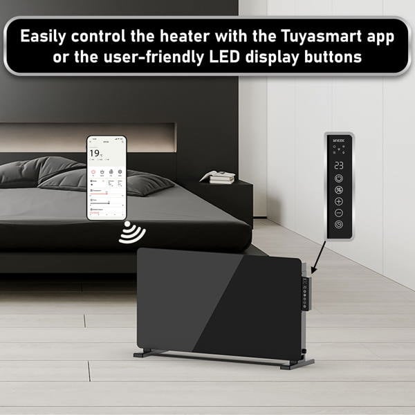 Mylek Radiator Glass Panel Heater in Black, Wifi Enabled Smart with APP 2000W