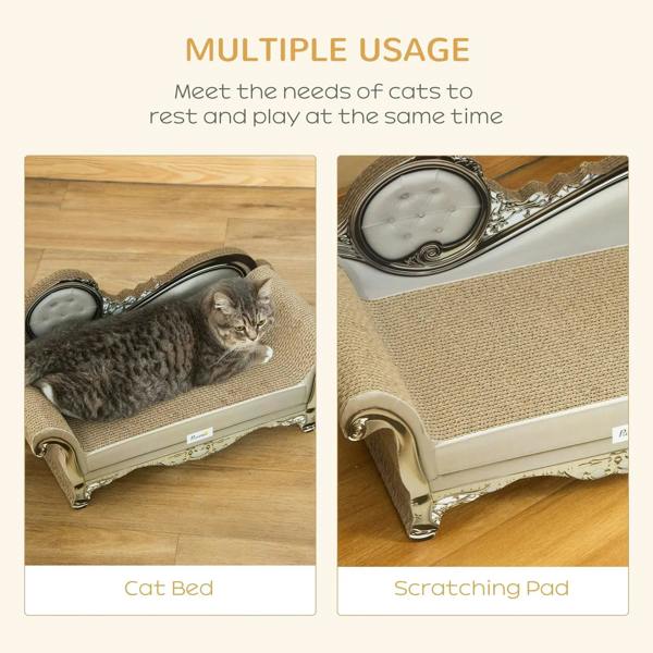 Beige cat sofa bed with scratching pad, shown from side and close-up angles