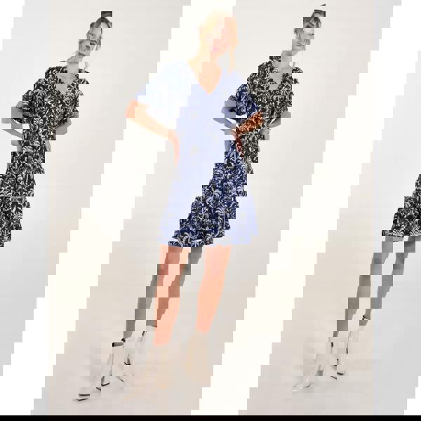 Blue Vanilla Button Through Elastic Waist Tropical Mini Dress