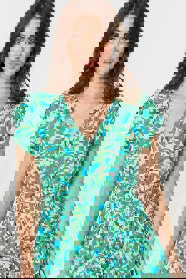 Green | Leaf Print Cap Sleeve Lace Trim Midi Dress
