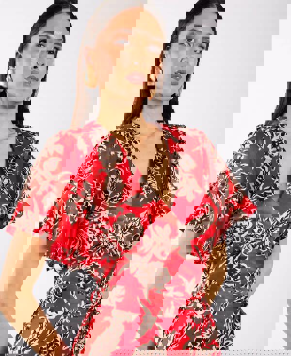 Red Floral Satin Wrap Midi dress