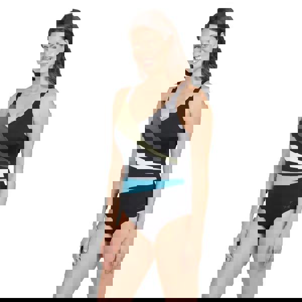 Zoggs wrap panel classicback swimsuit in khaki with green white blue stripes