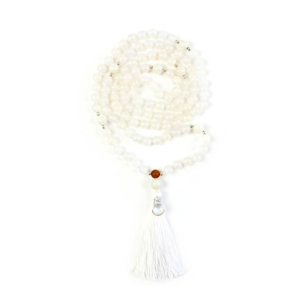 Kati Kaia crystal moonstone mala necklace with white beads and a white tassel for yoga meditation