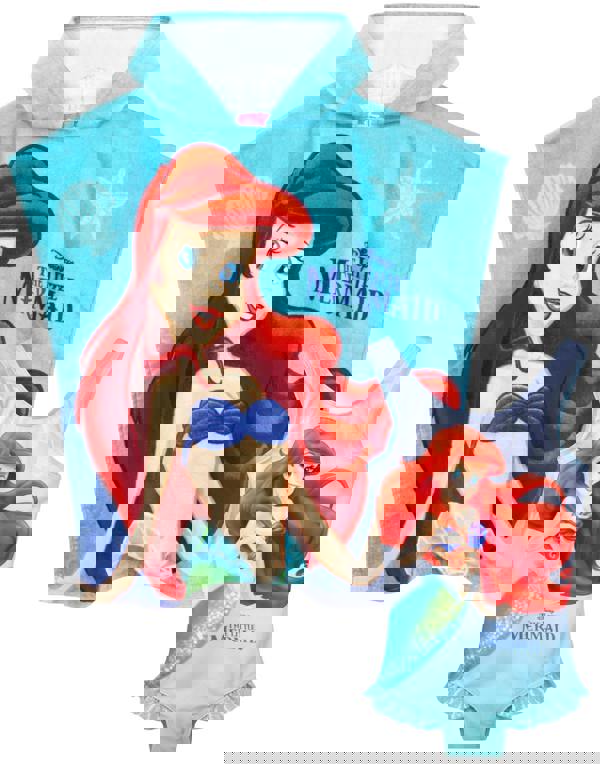 Disney Girls Blue Ariel Poncho Towel and 1 Piece Swimming Costume Set