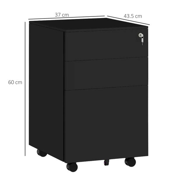 Black mobile 3-drawer vertical filing cabinet on wheels with top lock