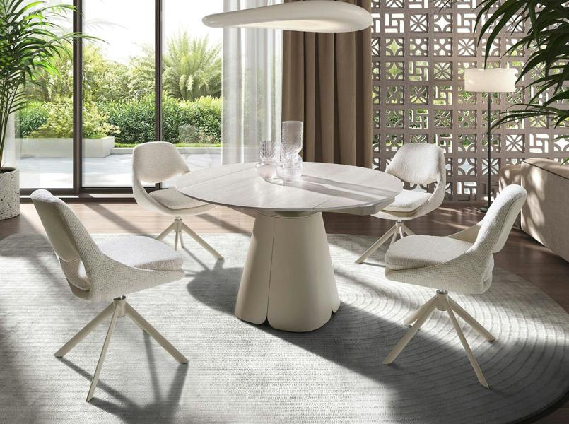 Angel Cerdá Extendable round dining table in porcelain marble and sand-coloured steel 1195