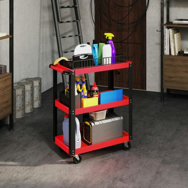 Bobobiy Tool Utility Cart Heavy Duty Tool Trolley Rolling with Brake Swivel Castors 3 Shelves Black Red