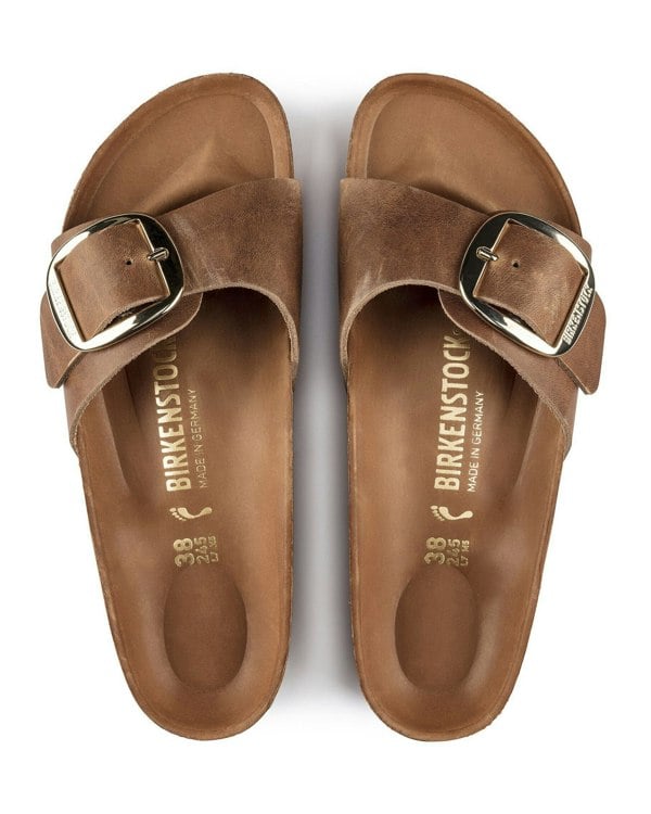 Birkenstock Madrid Big Buckle Oiled Leather Womens Sandals - Cognac - CHO - Designer Womens Sandals