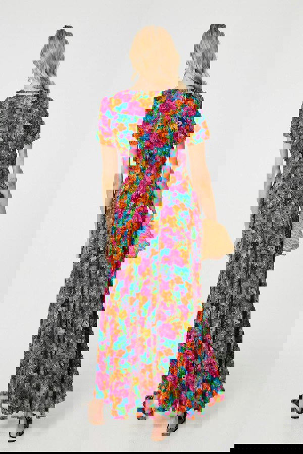 Pink | Floral V-Neck Short Sleeve Maxi Dress