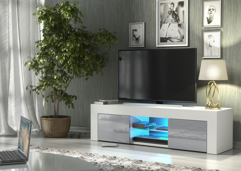 Mex Furniture Striking 130cm TV Unit Cabinet with Grey High Gloss Doors LED Lights