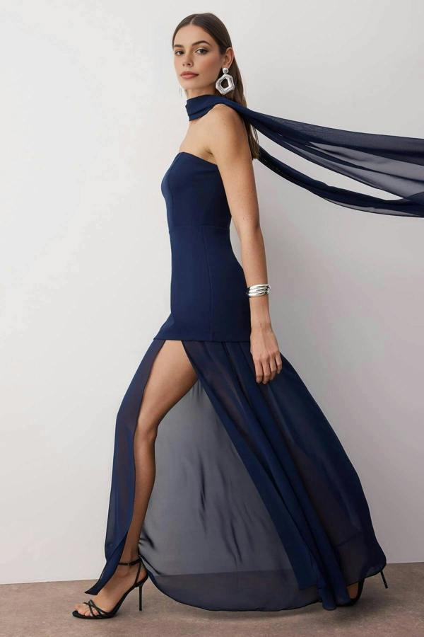 WOVCOR Woven Maxi Evening Dress with Shawl Detail