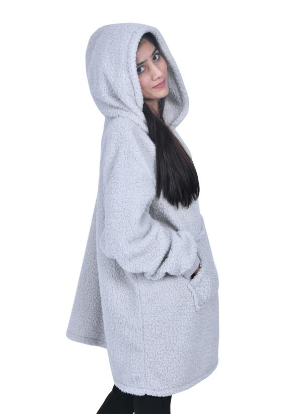 Smart Living Ladies Oversized Borg Blanket Hoodie - Ultra Soft & Warm Fleece Loungewear - Light Grey