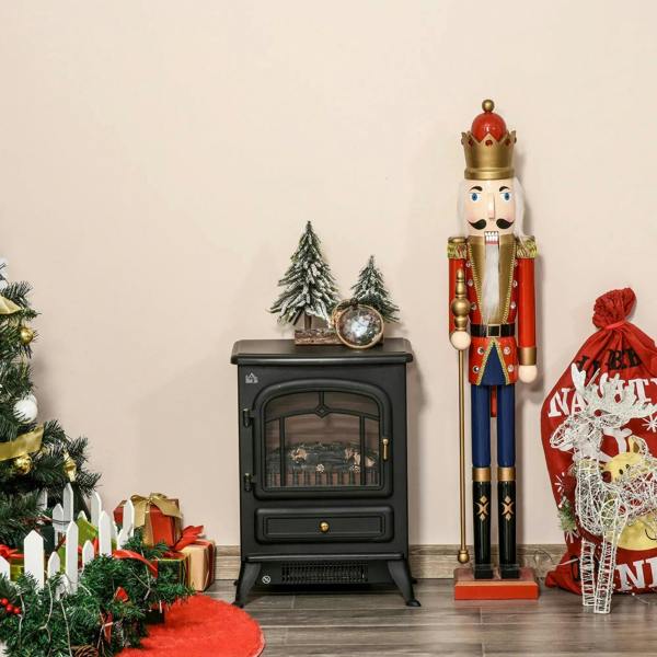 Black electric fireplace stove with glass front and flame effect, freestanding