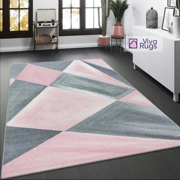 Viva Rugs Blush Pink Grey Geometric Rug Modern Contemporary Carpet for Living Room Woven Mat Large Small