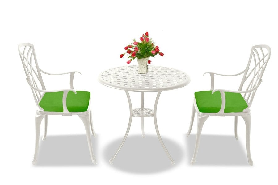Centurion Supports OSHOWA Luxurious Garden and Patio Table and 2 Large Chairs with Armrests Cast Aluminium Bistro Set - White with Green Cushions