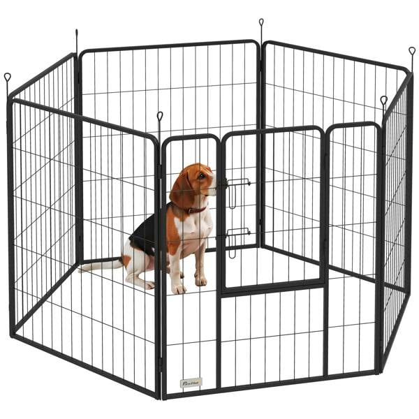 Grey portable 6-panel dog playpen with hinged door and wire mesh panels.