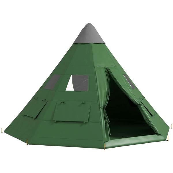 Green 6-person tipi tent with open doorway and side window panels