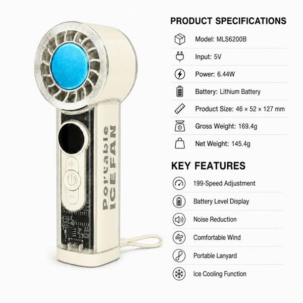 Dyzi Portable Ice Cooling Handheld Fan 199 Speed USB Rechargeable