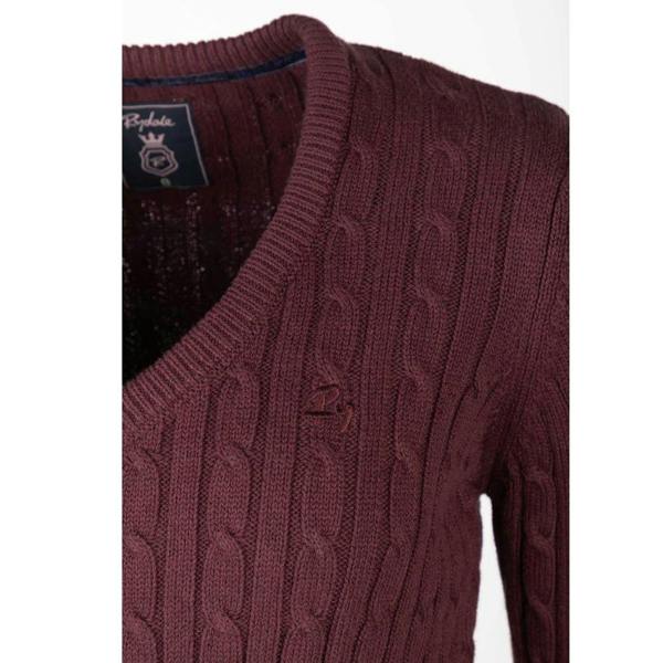 Rear view of the Rydale Emma V Neck Cable Knit Jumper in burgundy with a classic cable knit design and ribbed hem and cuffs.