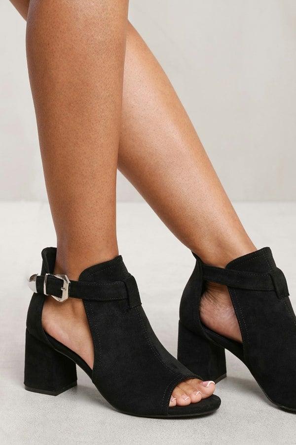 Where's That From Zaneen Block Heel With Side Buckle and Open Toe Front in Black Suede