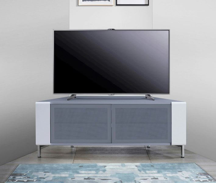 MDA Designs CORVUS Corner-Friendly Grey BeamThru Glass Doors with White Profiles Contemporary Cabinet for Flat Screen TVs up to 50"