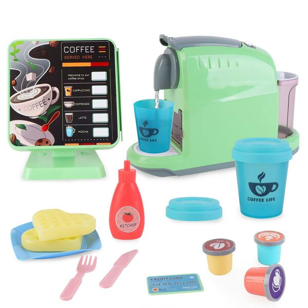 deAO Toys Coffee Shop Set with Coffee Maker Toy Menus Cash Register Toy Play Food