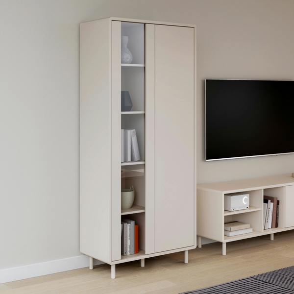 Furniture To Go Playly Tall Storage Cabinet with Door and Concealed Open Shelving in Sand