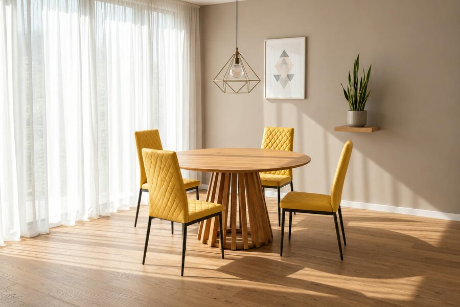 Outdoor Living Kayci Round Oak Dining Table with 4 Emily Chairs - Mustard