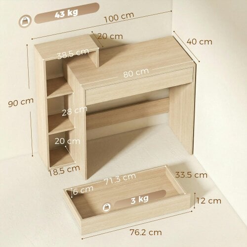 HOMCOM Computer Desk with 3 Open Shelves and Drawer, Natural