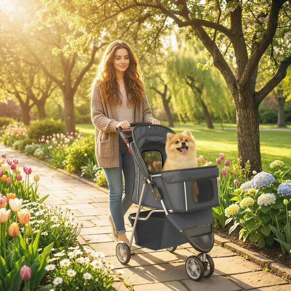 Dog Stroller, 3 Wheels Foldable Pet Stroller with Adjustable Canopy, Storage Basket for Small Mini Breeds, Dark Grey - Dark Grey