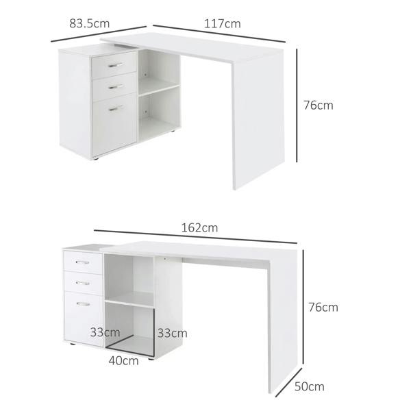 White L-shaped desk with labeled dimensions for cabinet, shelves, and overall height.