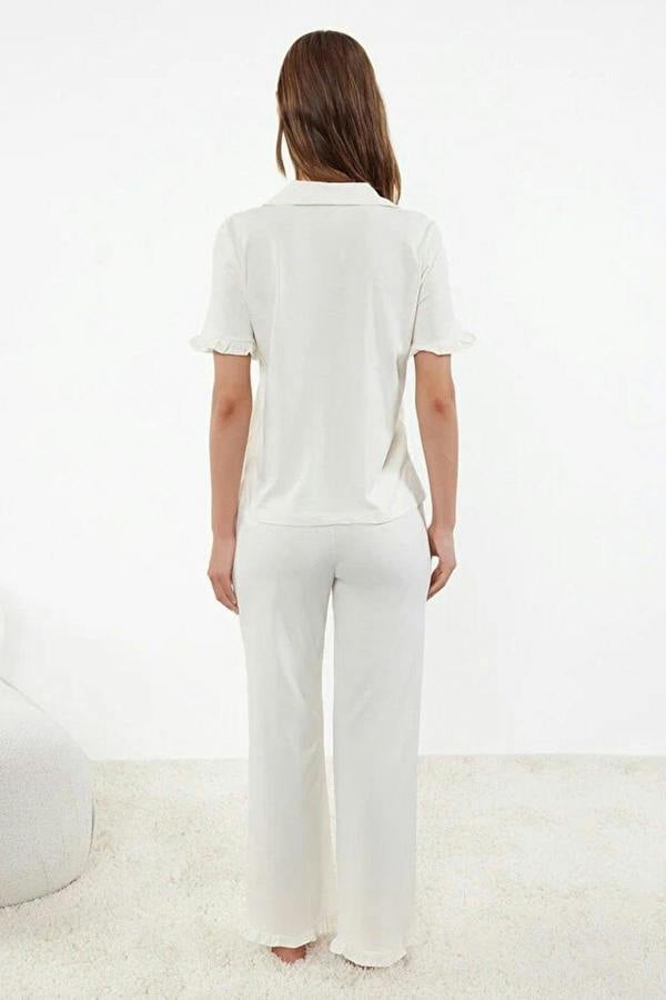 WOVCOR 2-Piece 100% Cotton Ruffle Detail Knitted Pajama Set