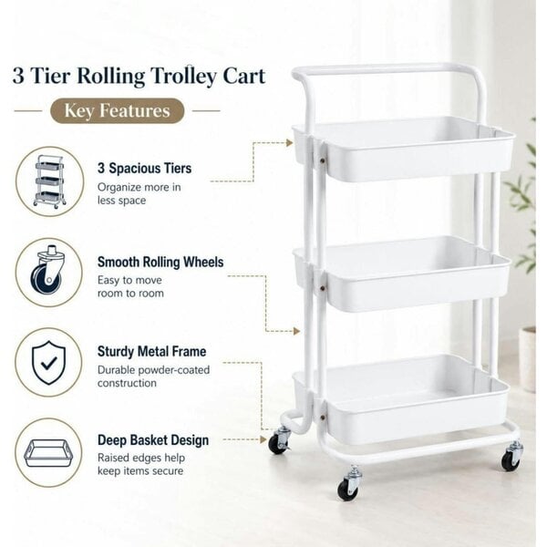 Dyzi 3 Tier Rolling Storage Trolley Utility Organiser with Wheels White