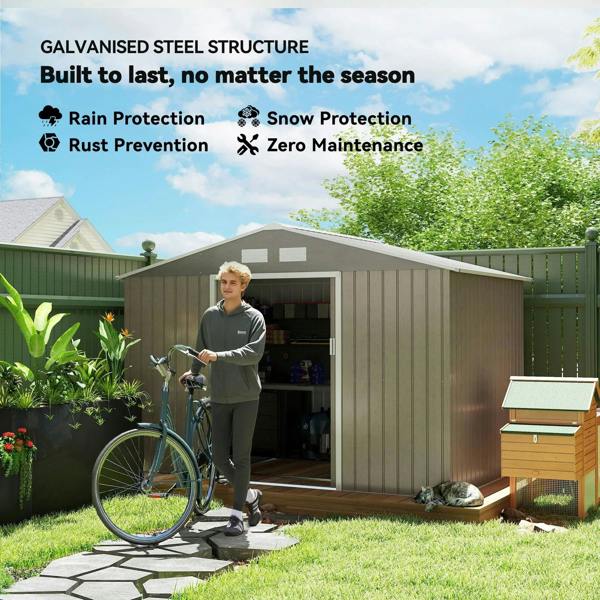 Brown metal garden storage shed with open double doors showing tool space