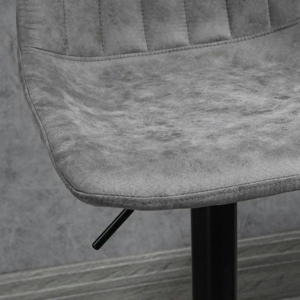Grey upholstered bar stool seat edge with piping detail and black support stem