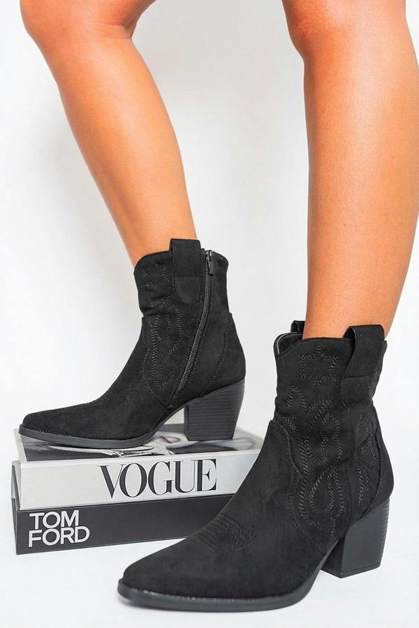 Laura Suede Cowboy Ankle Length Boots - Black_wb