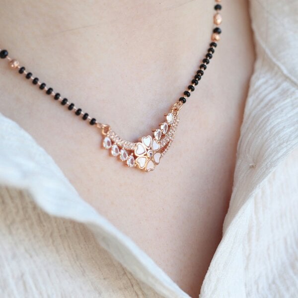 The Colourful Aura Indian Nazaria Rose Gold Fan Crown Zircon Mangalsutra Black Beads Necklace